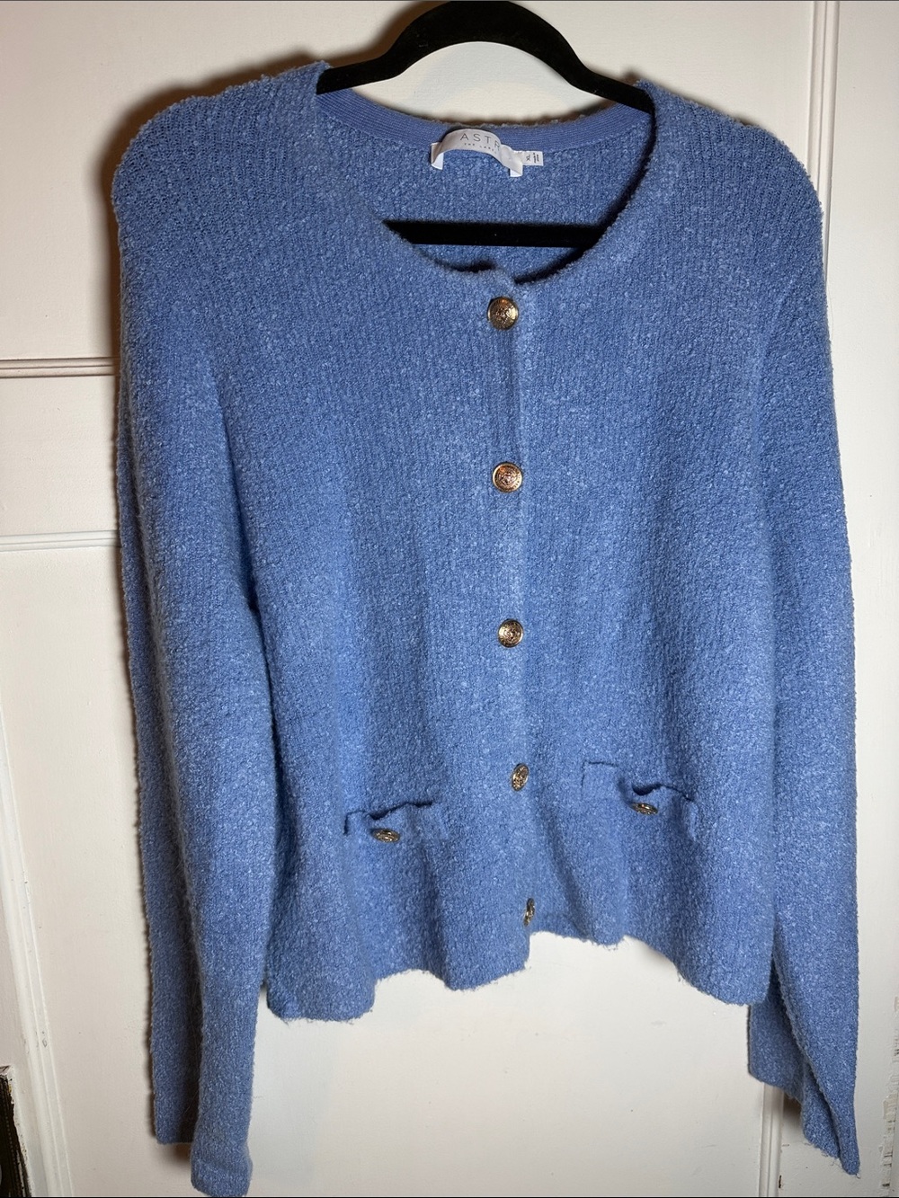 Soft Blue Bouclé Button-Front Women's Sweater by ASTR